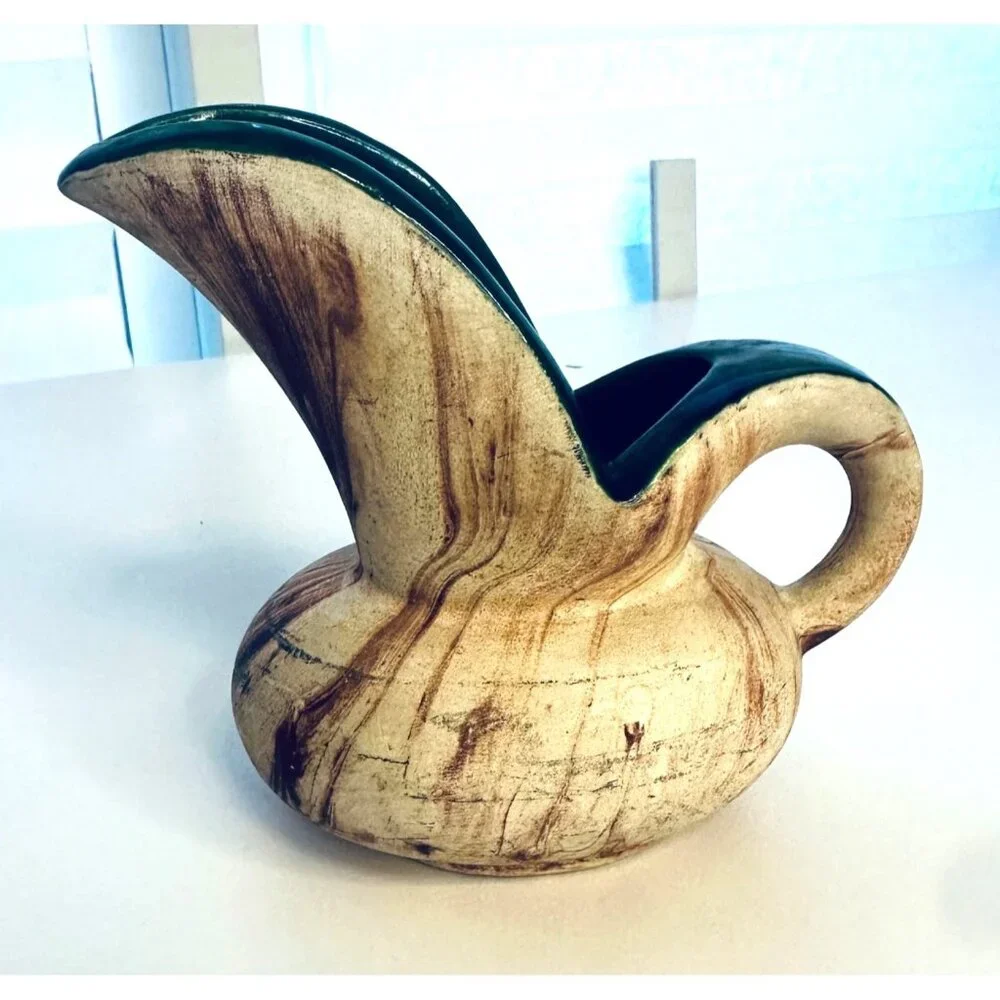 Vintage Rocky Mountain ROMCO Art Pottery Brown Swirl Pitcher Vase Green Interior